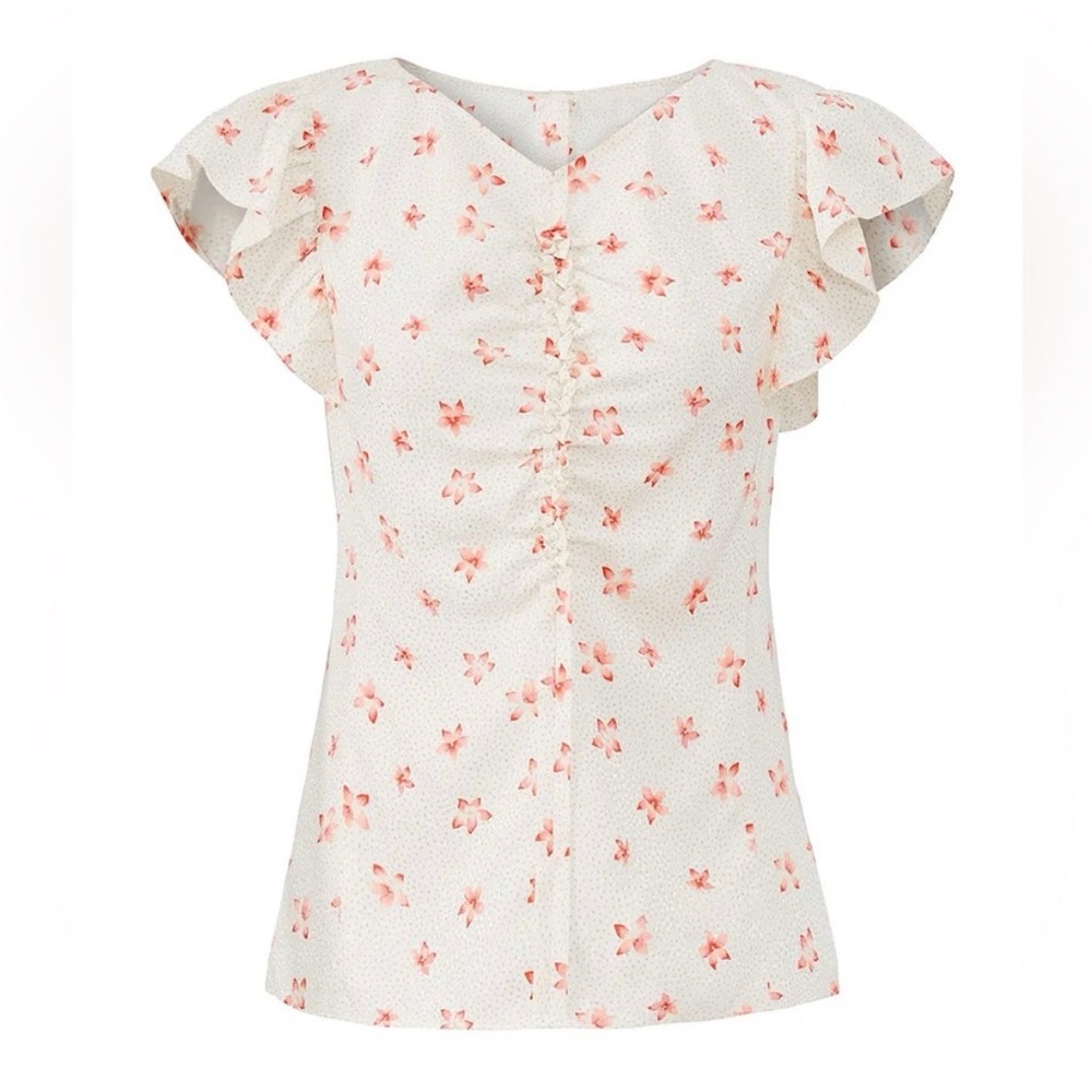 Rebecca Taylor Maui Fleur Dot Floral Silk Blend Ruffle Blouse Size 4 Romantic - Picture 4 of 10